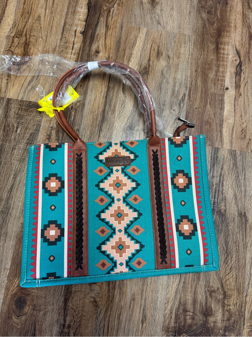 Wrangler Turquoise Aztec Tote with Brown Trim